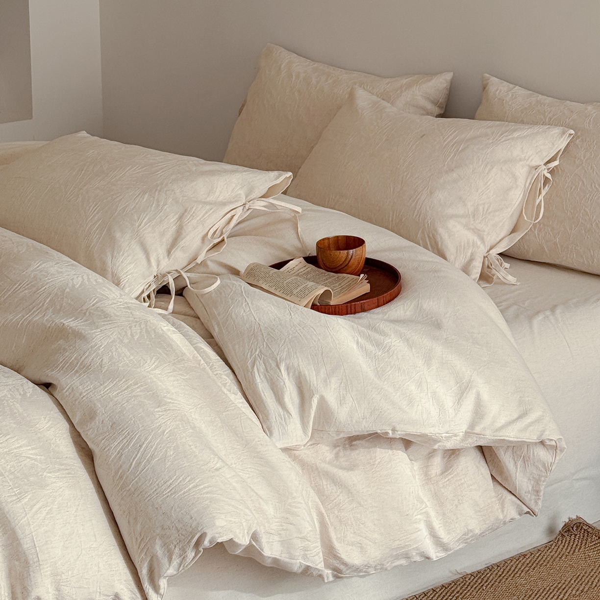 91家纺网 家纺一手货源 找家纺 （总）极简 2026新款全棉亚麻浮雕提花四件套-场景二（控价：小号195标准295加大313）