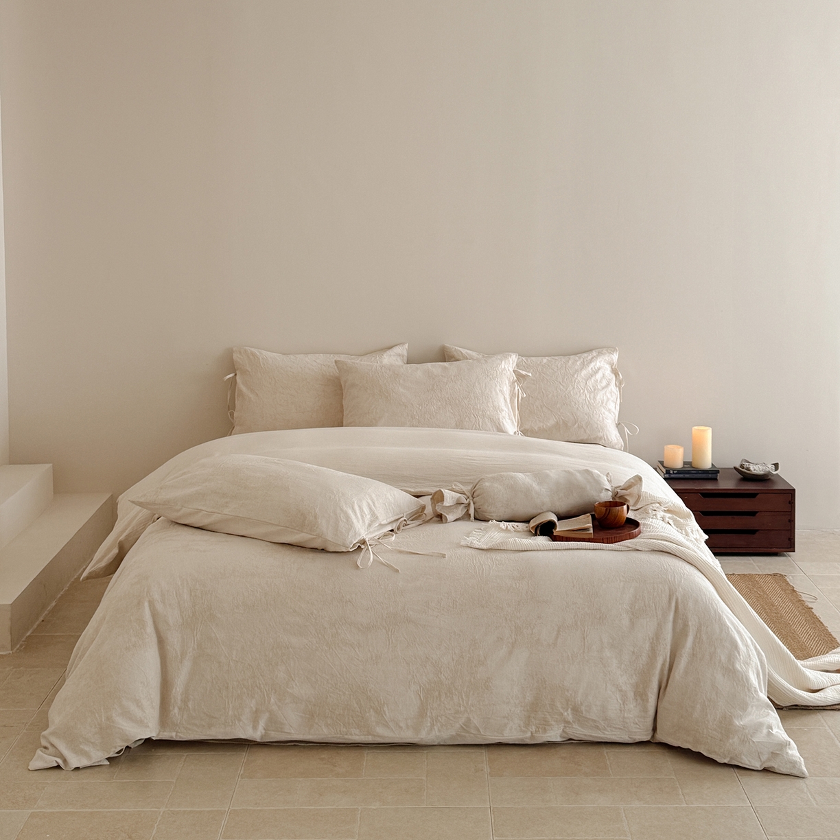 91家纺网 家纺一手货源 找家纺 （总）极简 2026新款全棉亚麻浮雕提花四件套-场景二（控价：小号195标准295加大313）