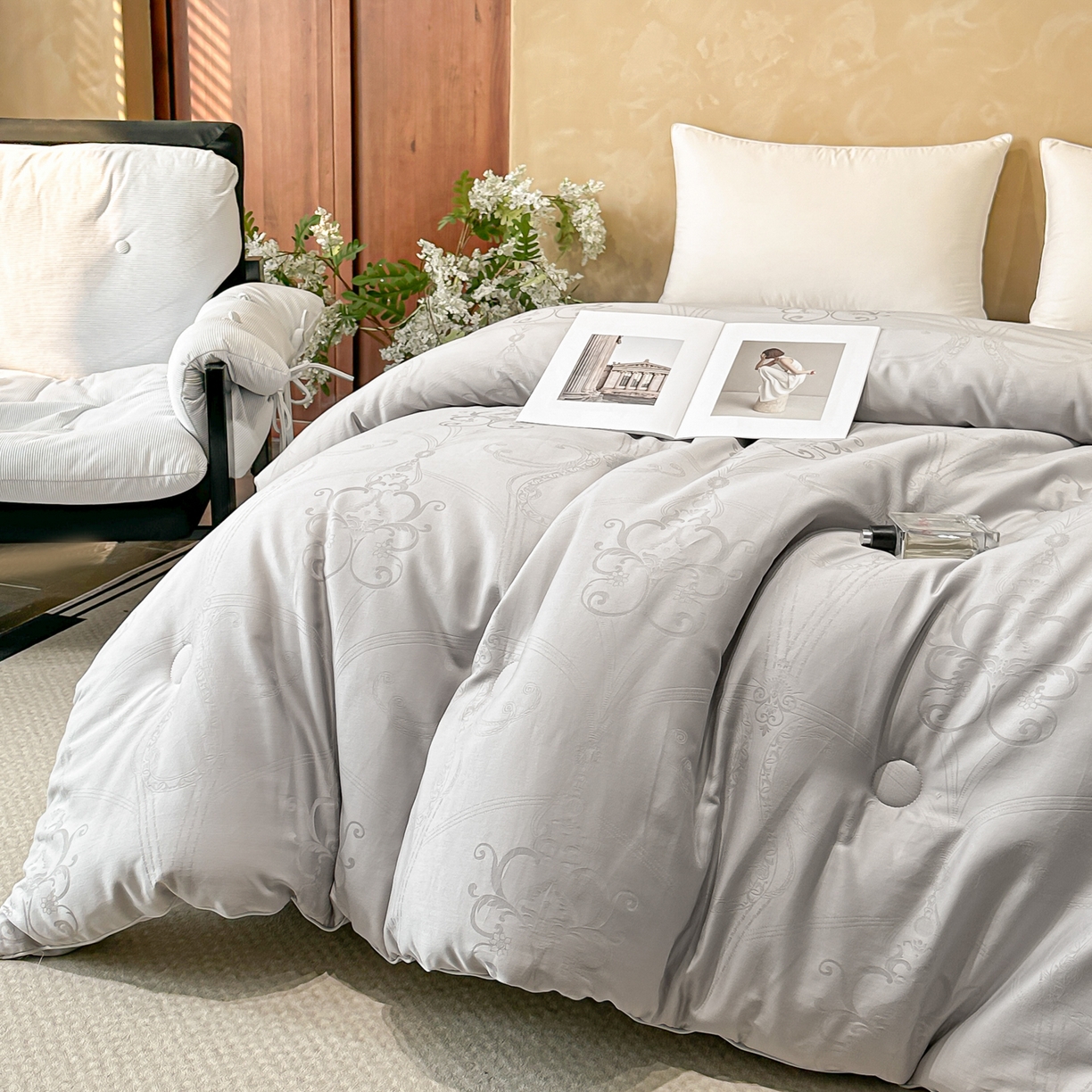 91家纺网 家纺一手货源 找家纺 壹张床 2025新款全棉40支大提花大豆被保暖冬被家用被子被芯春秋被冬被学生被 雅芙-灰