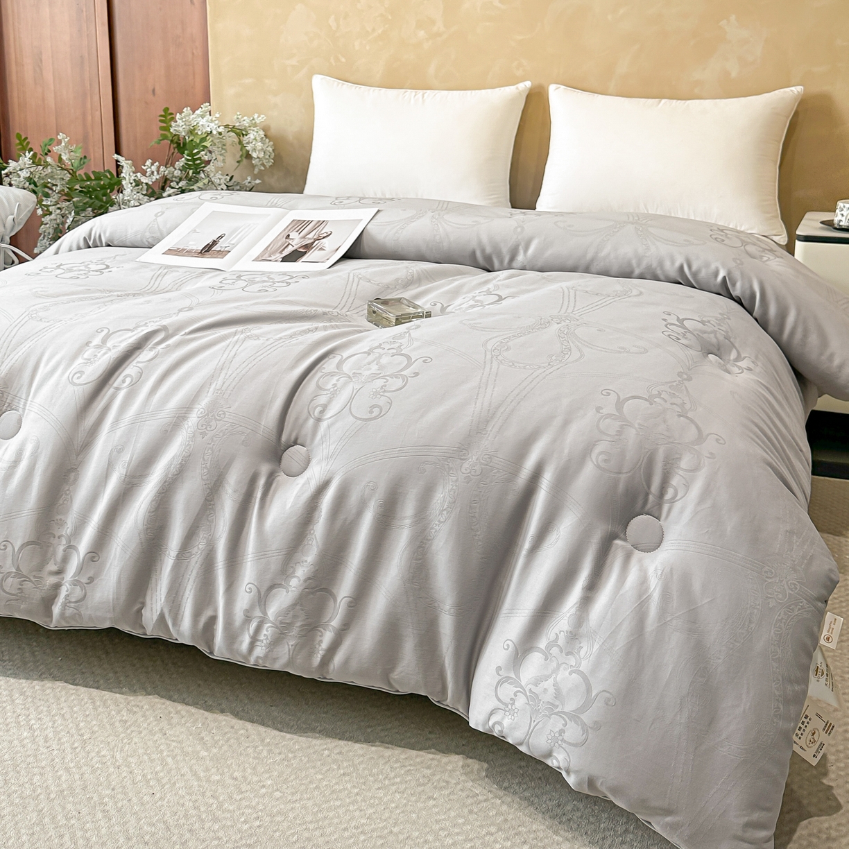 91家纺网 家纺一手货源 找家纺 壹张床 2025新款全棉40支大提花大豆被保暖冬被家用被子被芯春秋被冬被学生被 雅芙-灰