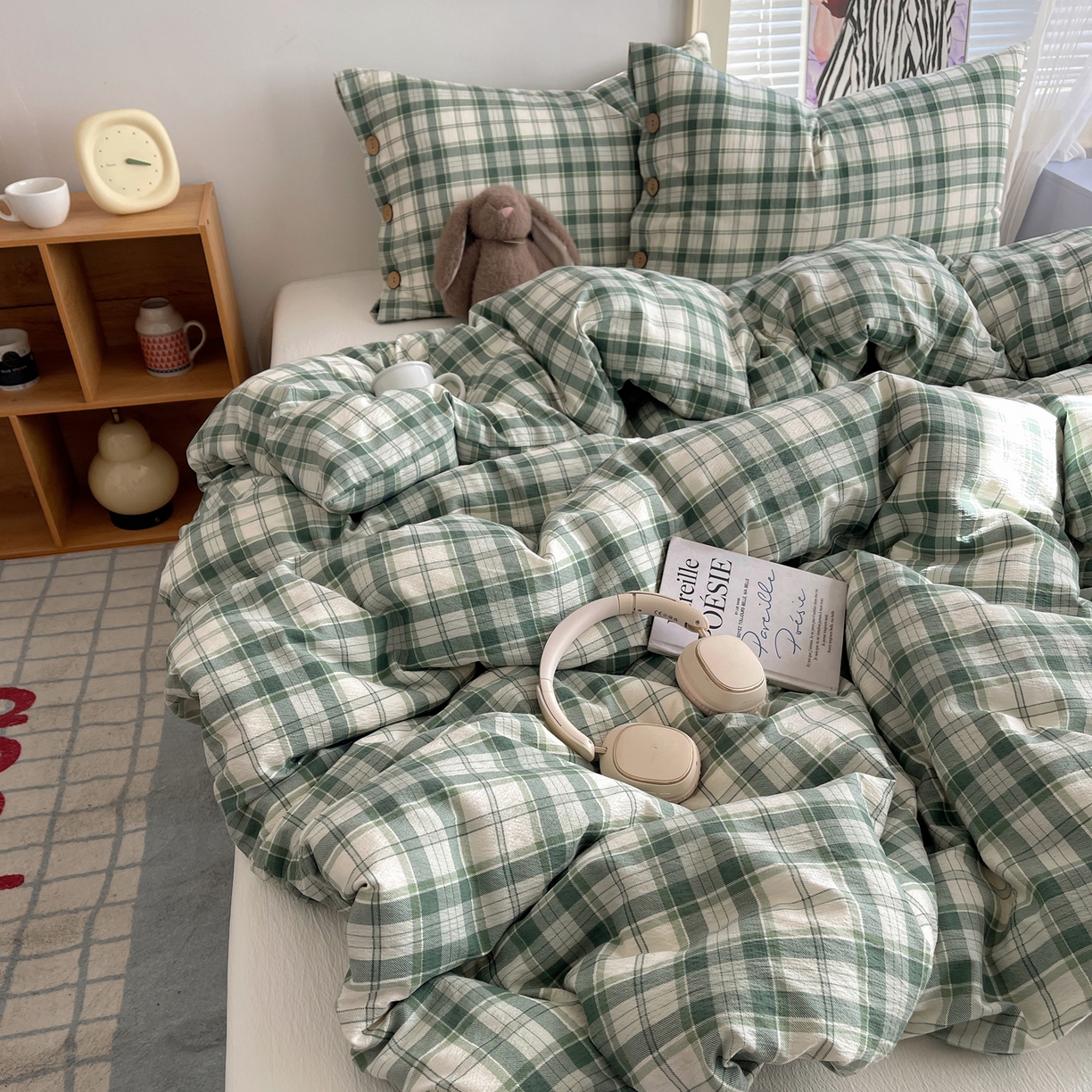 优兰朵 2025新款新年热款格子条纹双拼繁花云感木棉纽扣款宿舍新款老钱风四件套 青柠