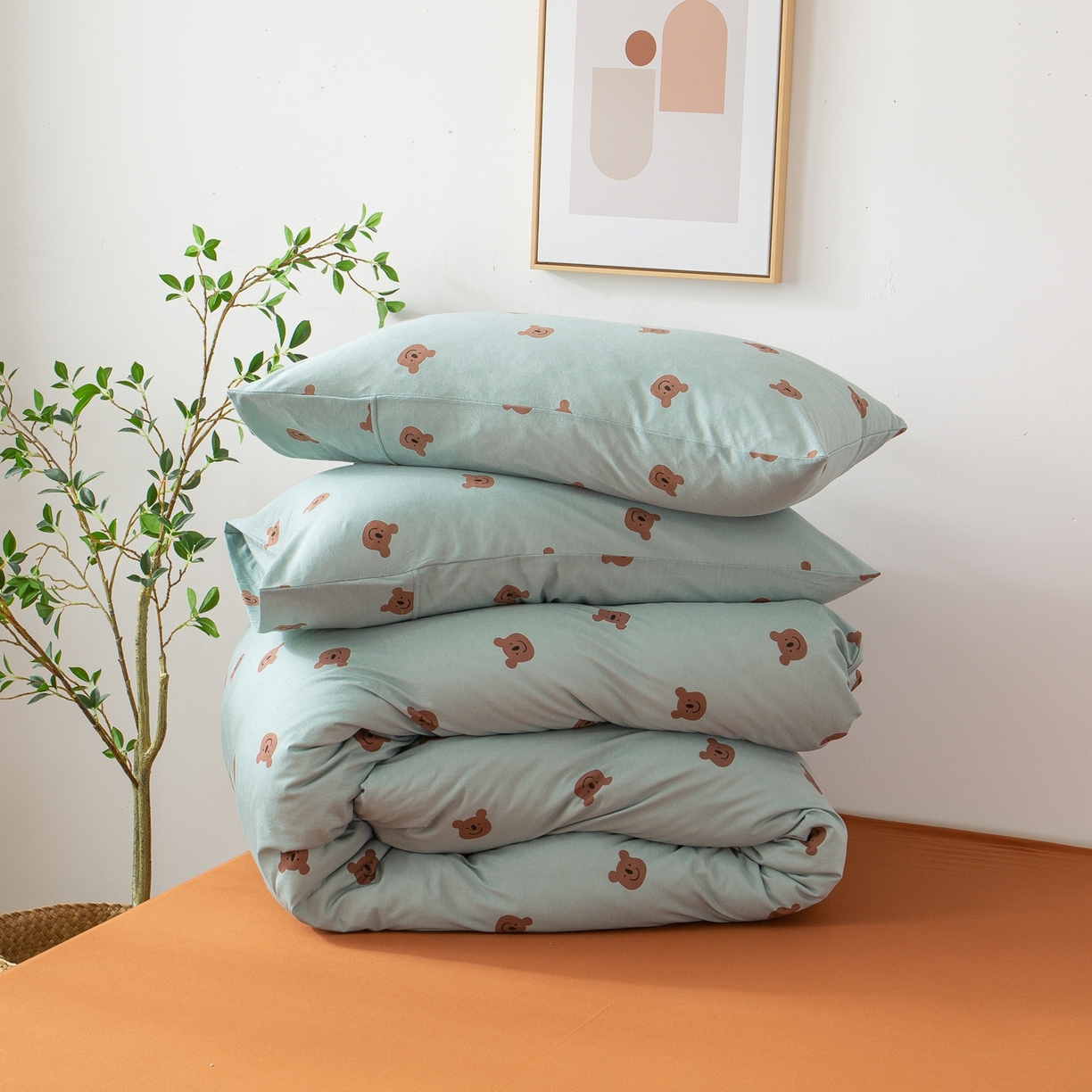 91家纺网 家纺一手货源 找家纺 爱丽丝 2026新款全棉针织四件套 晚安熊-绿