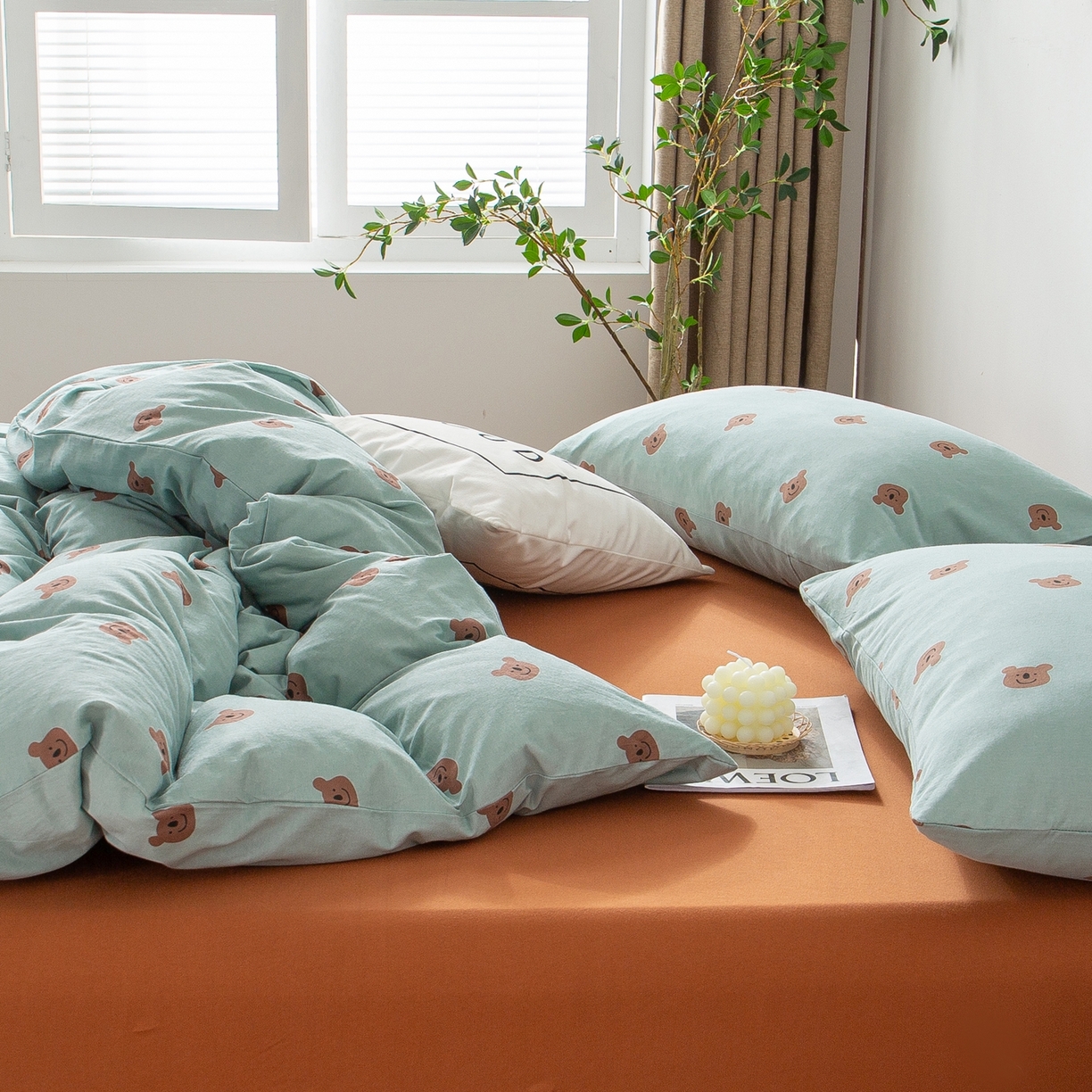 91家纺网 家纺一手货源 找家纺 爱丽丝 2026新款全棉针织四件套 晚安熊-绿