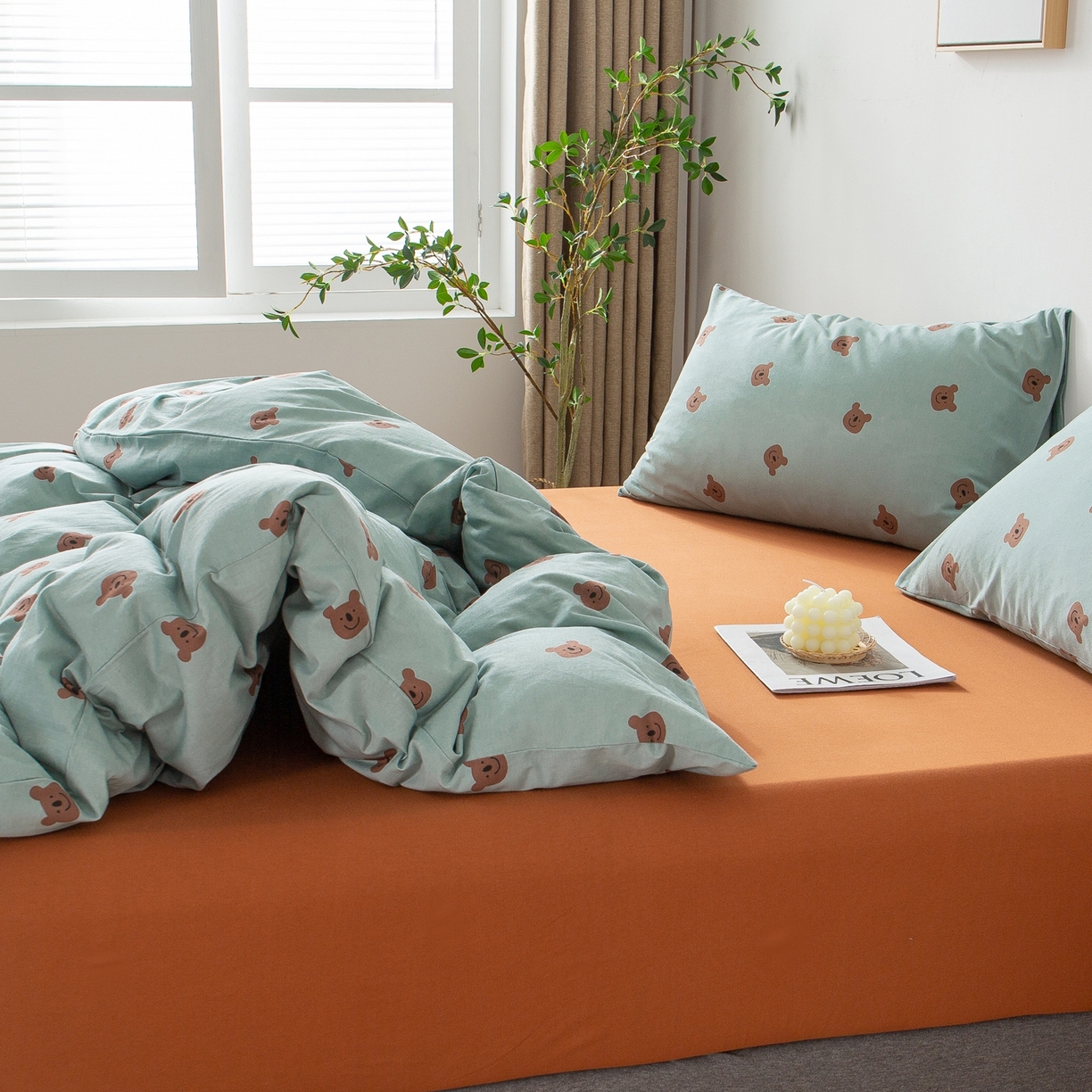 91家纺网 家纺一手货源 找家纺 爱丽丝 2026新款全棉针织四件套 晚安熊-绿