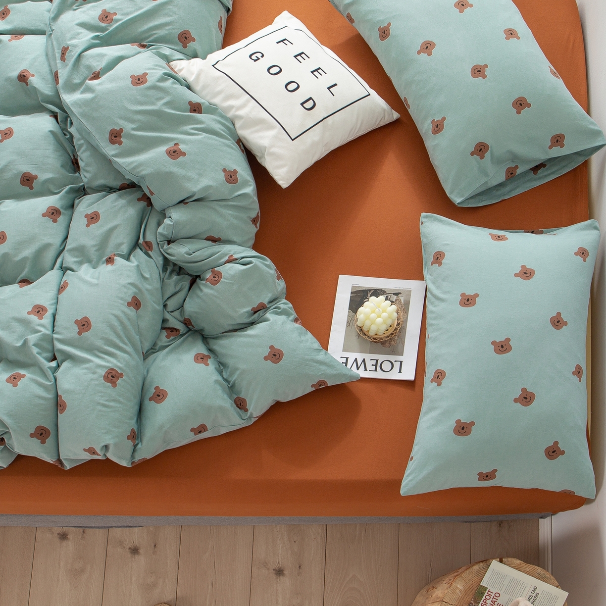 91家纺网 家纺一手货源 找家纺 爱丽丝 2026新款全棉针织四件套 晚安熊-绿