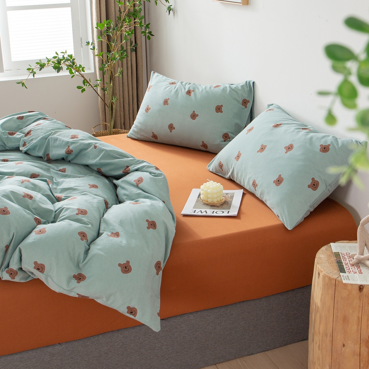 91家纺网 家纺一手货源 找家纺 爱丽丝 2026新款全棉针织四件套 晚安熊-绿