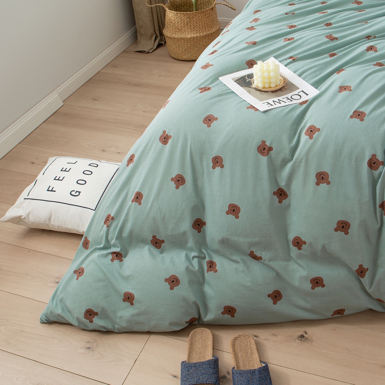 91家纺网 家纺一手货源 找家纺 爱丽丝 2026新款全棉针织四件套 晚安熊-绿