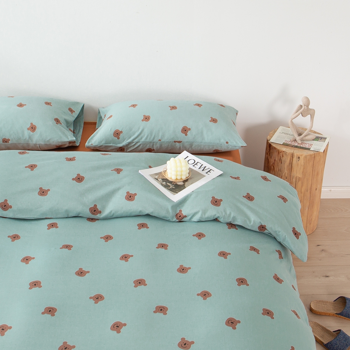 91家纺网 家纺一手货源 找家纺 爱丽丝 2026新款全棉针织四件套 晚安熊-绿