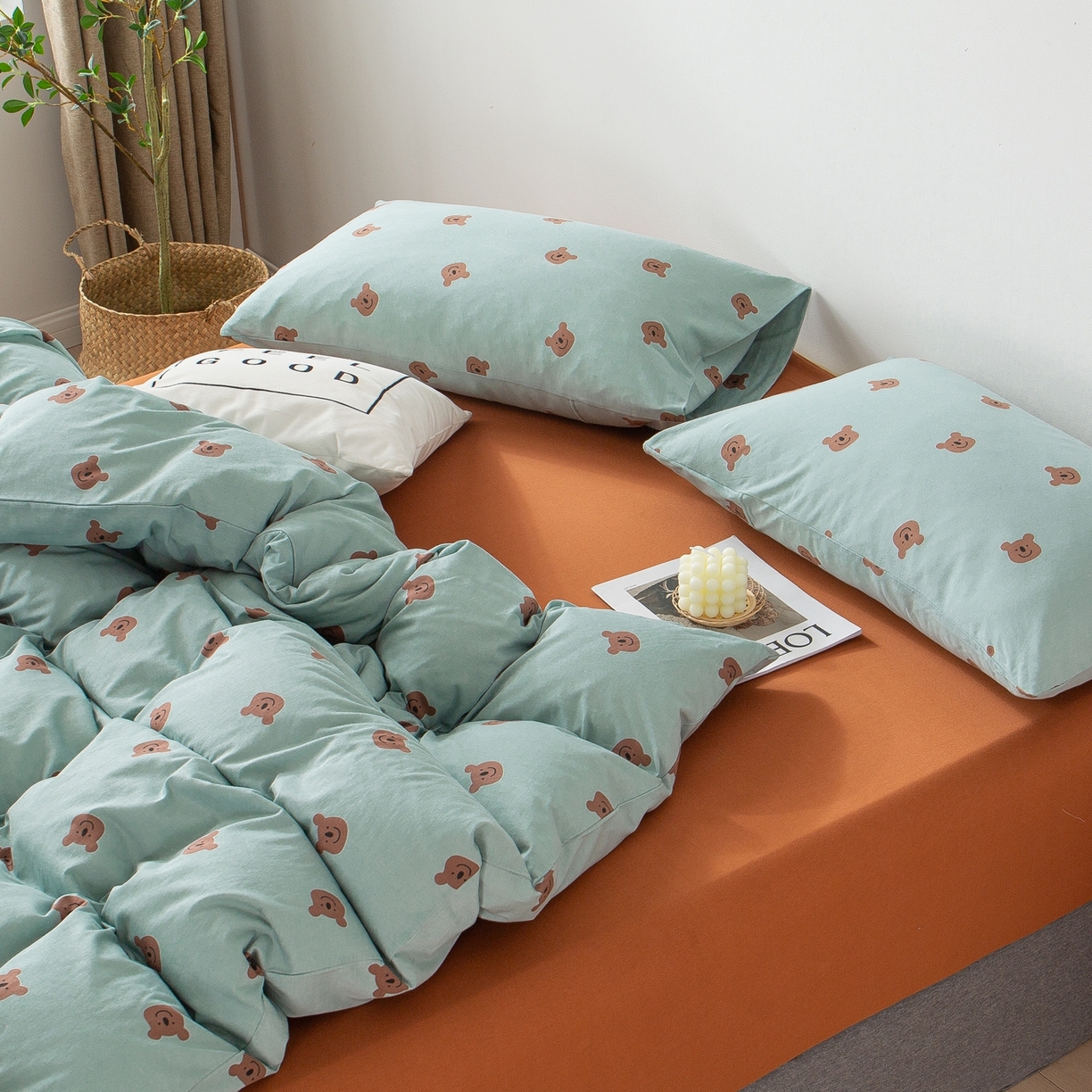 91家纺网 家纺一手货源 找家纺 爱丽丝 2026新款全棉针织四件套 晚安熊-绿