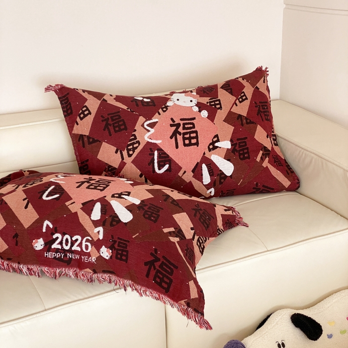 麻依 2025新款四层纱布全棉新年大红枕巾流苏婚庆枕盖 福气满满