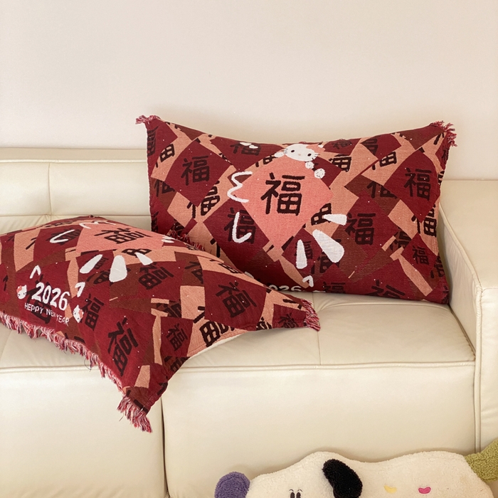 91家纺网 家纺一手货源 找家纺 麻依 2025新款四层纱布全棉新年大红枕巾流苏婚庆枕盖 福气满满