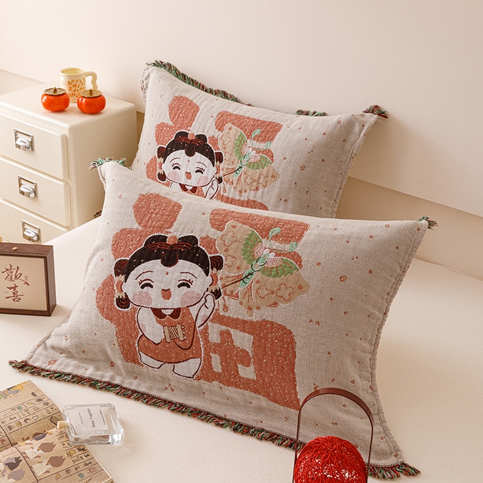麻依 2025新款四层纱布全棉新年大红枕巾流苏婚庆枕盖 福娃