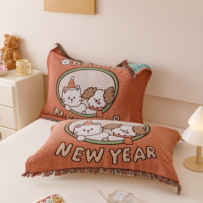 麻依 2025新款四层纱布全棉新年大红枕巾流苏婚庆枕盖 新年快乐