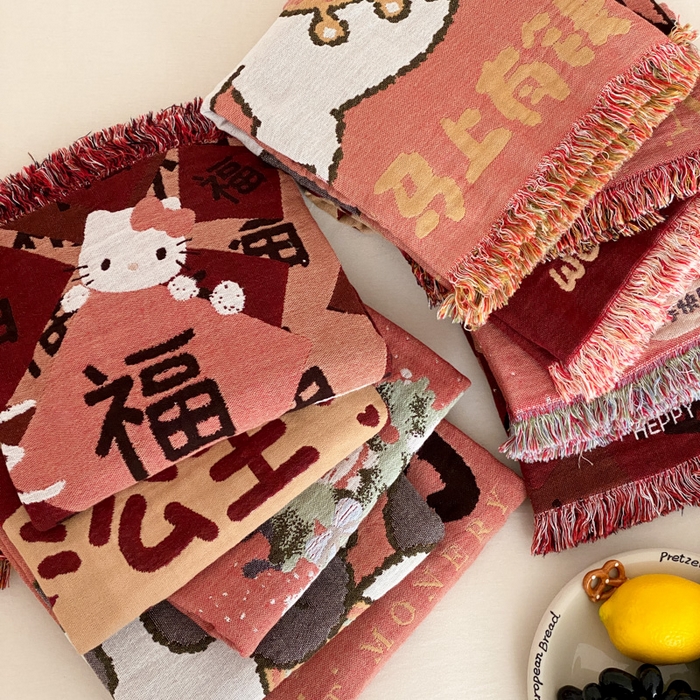 麻依 2025新款四层纱布全棉新年大红枕巾流苏婚庆枕盖 组合