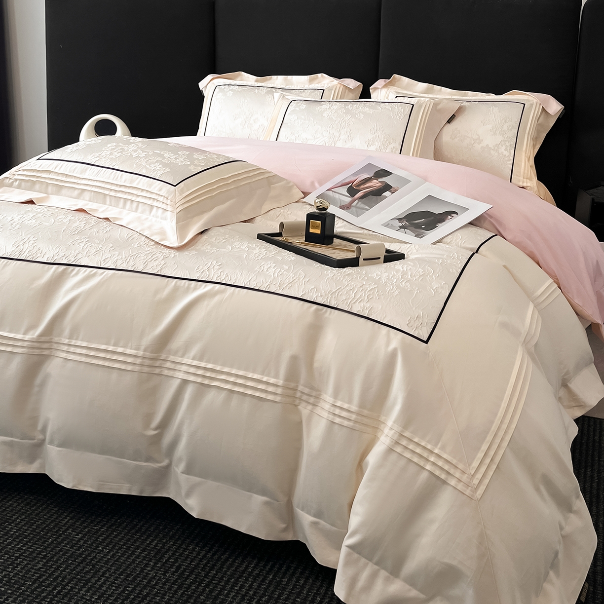 91家纺网 家纺一手货源 找家纺 （总）置顶家纺 2025新款洛神系列亲肤提花拼角压框四件套