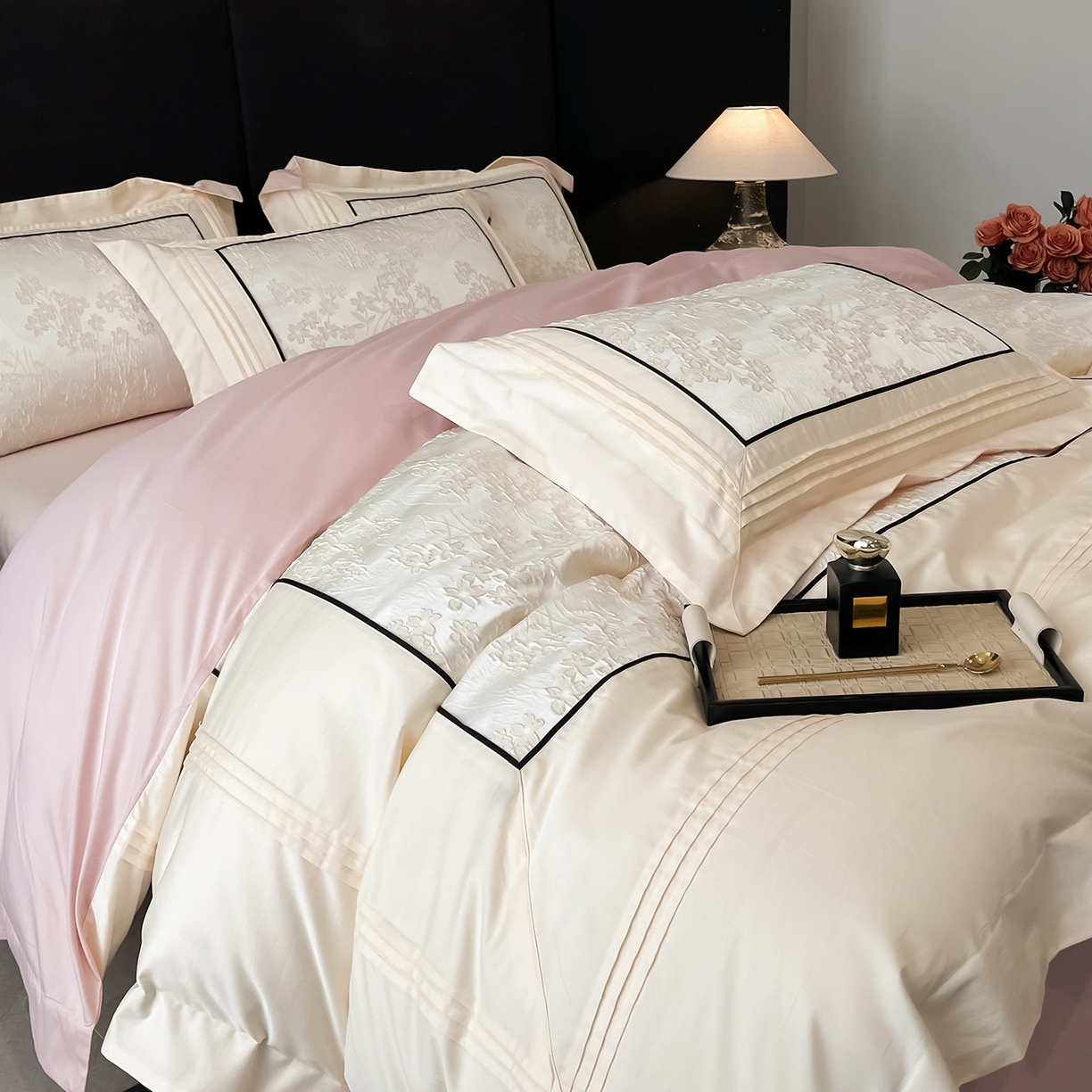 91家纺网 家纺一手货源 找家纺 （总）置顶家纺 2025新款洛神系列亲肤提花拼角压框四件套