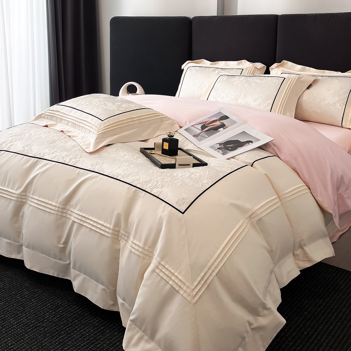 91家纺网 家纺一手货源 找家纺 （总）置顶家纺 2025新款洛神系列亲肤提花拼角压框四件套