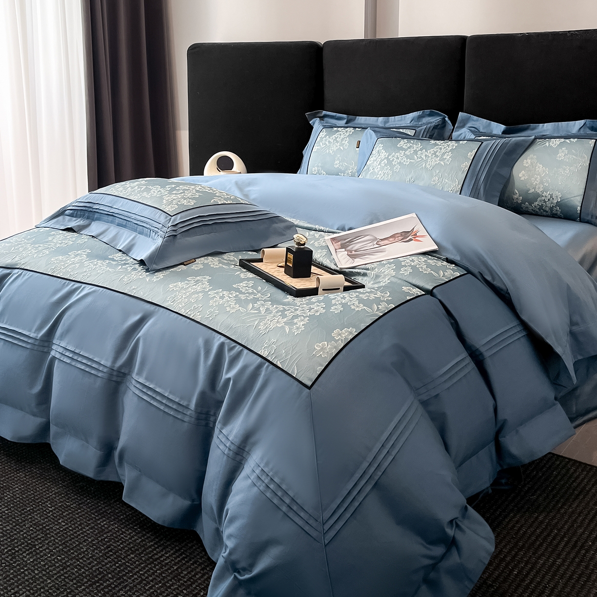 91家纺网 家纺一手货源 找家纺 置顶家纺 2025新款洛神系列亲肤提花拼角压框四件套 洛神-碧蓝