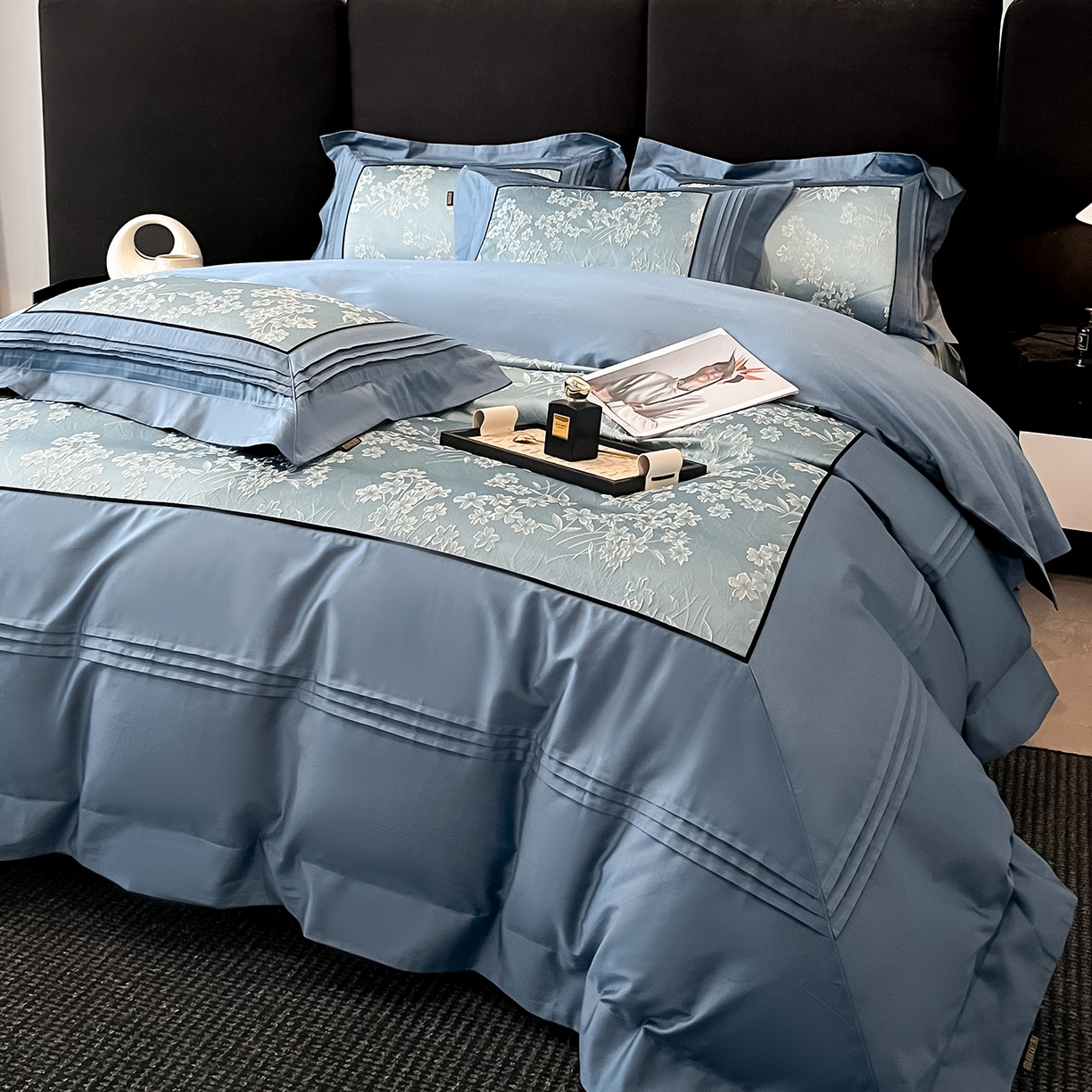 91家纺网 家纺一手货源 找家纺 置顶家纺 2025新款洛神系列亲肤提花拼角压框四件套 洛神-碧蓝