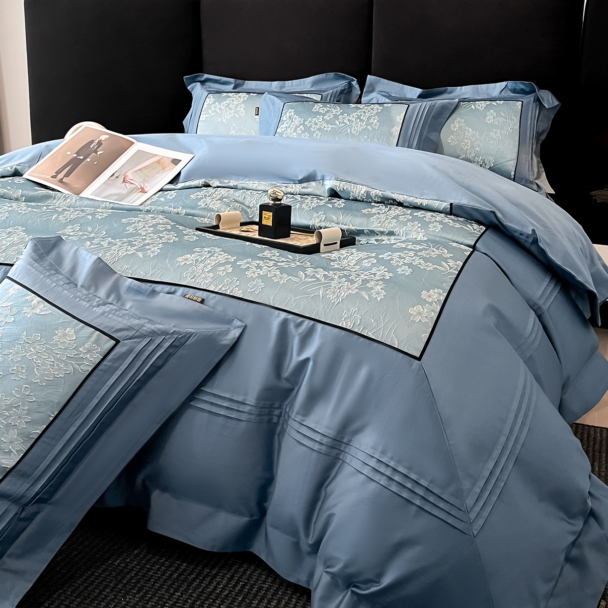 91家纺网 家纺一手货源 找家纺 置顶家纺 2025新款洛神系列亲肤提花拼角压框四件套 洛神-碧蓝