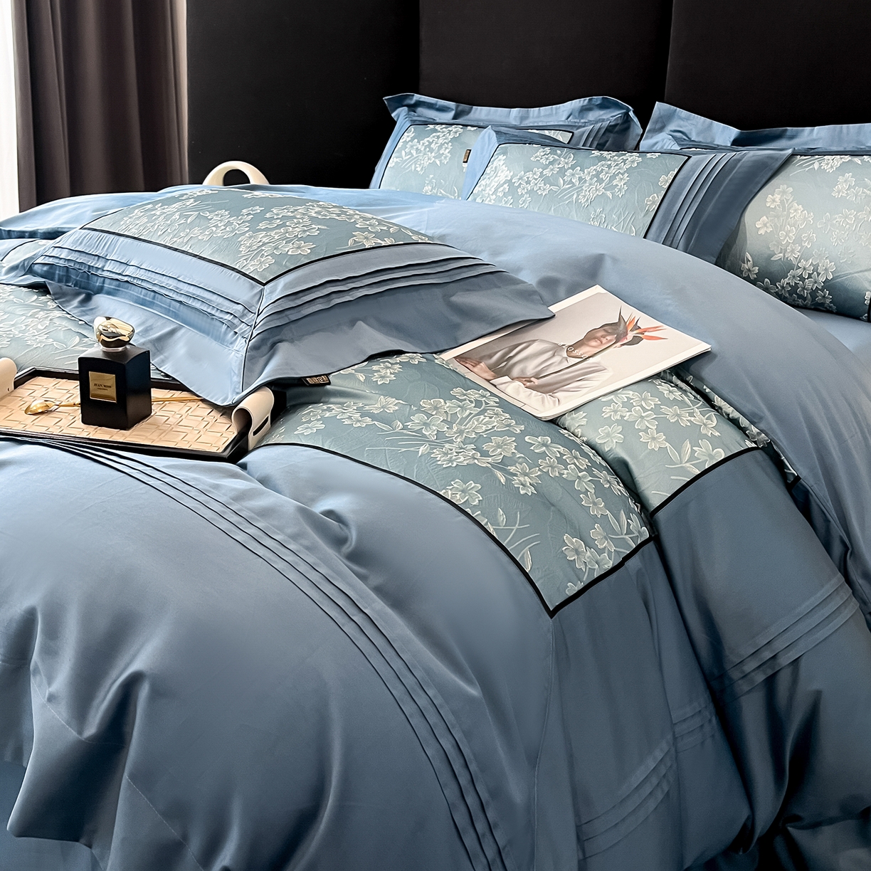 91家纺网 家纺一手货源 找家纺 置顶家纺 2025新款洛神系列亲肤提花拼角压框四件套 洛神-碧蓝