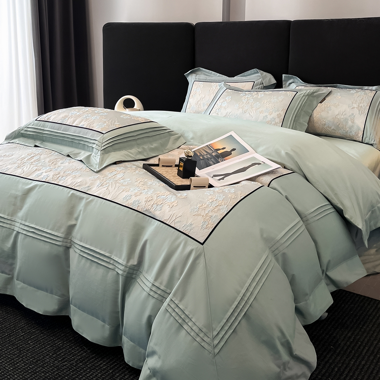 91家纺网 家纺一手货源 找家纺 置顶家纺 2025新款洛神系列亲肤提花拼角压框四件套 洛神-梵星蓝