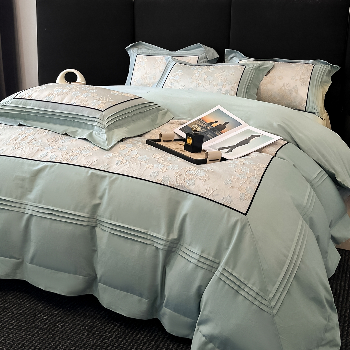 91家纺网 家纺一手货源 找家纺 置顶家纺 2025新款洛神系列亲肤提花拼角压框四件套 洛神-梵星蓝