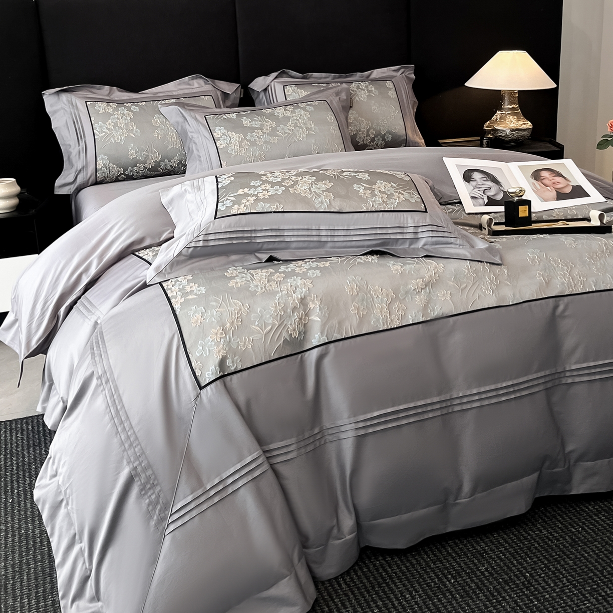 91家纺网 家纺一手货源 找家纺 置顶家纺 2025新款洛神系列亲肤提花拼角压框四件套 洛神-高级灰