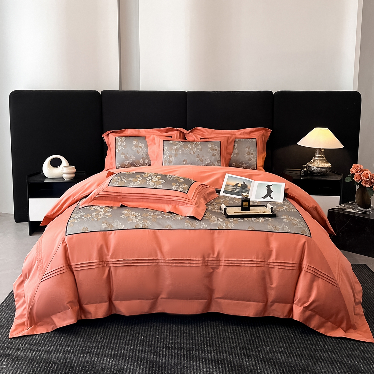 置顶家纺 2025新款洛神系列亲肤提花拼角压框四件套 洛神-摩根橘