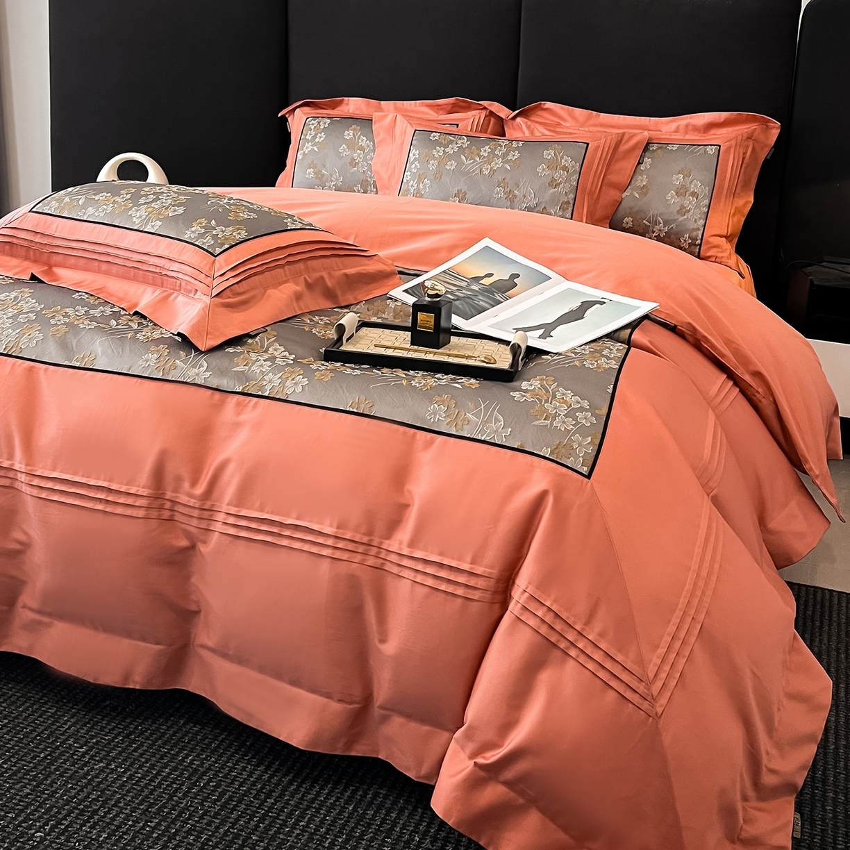 91家纺网 家纺一手货源 找家纺 置顶家纺 2025新款洛神系列亲肤提花拼角压框四件套 洛神-摩根橘