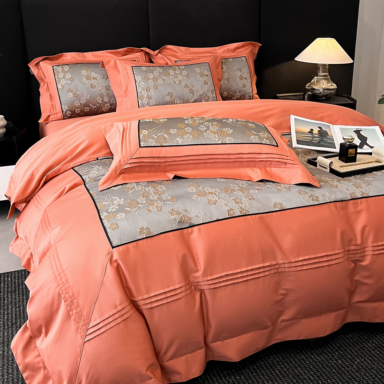 91家纺网 家纺一手货源 找家纺 置顶家纺 2025新款洛神系列亲肤提花拼角压框四件套 洛神-摩根橘