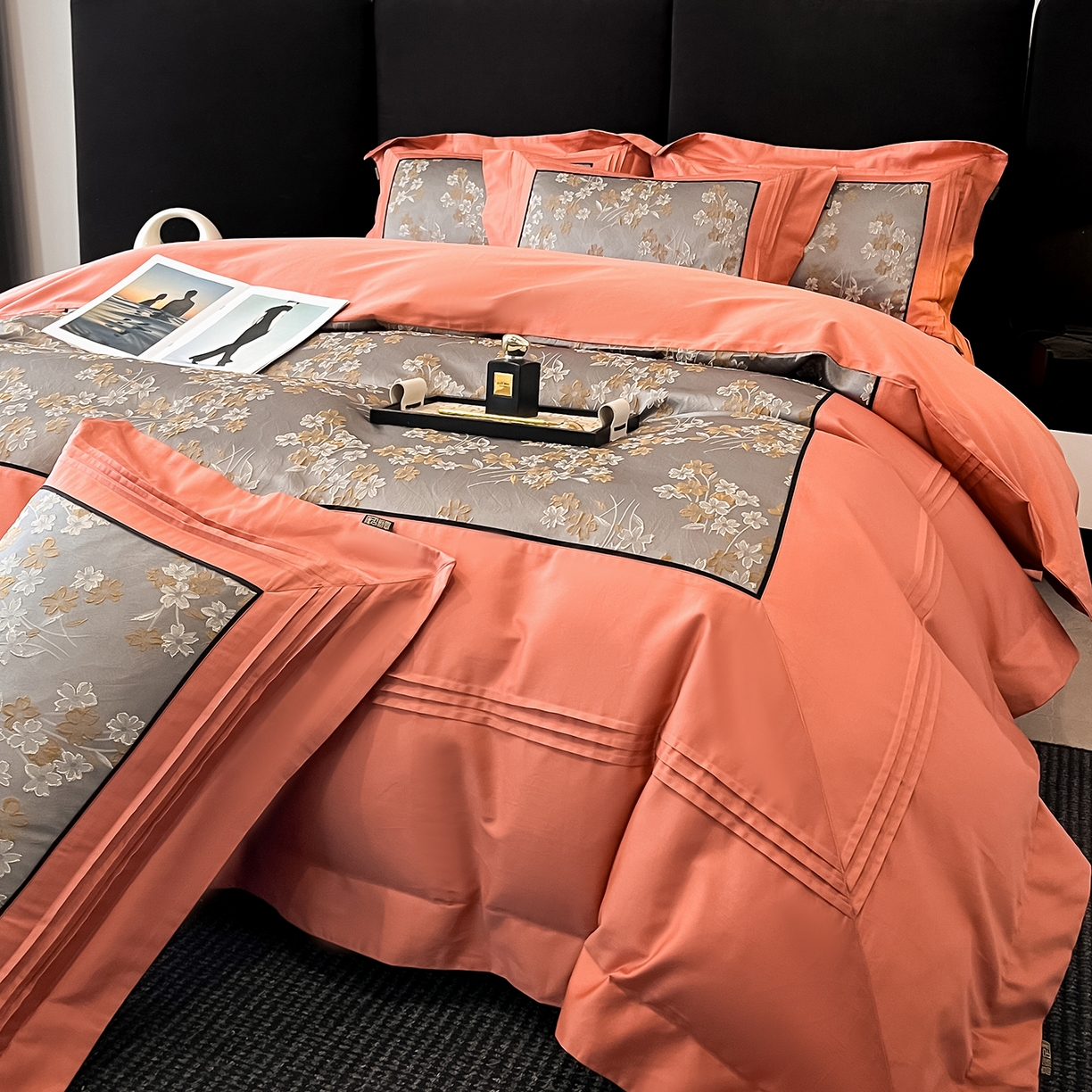 91家纺网 家纺一手货源 找家纺 置顶家纺 2025新款洛神系列亲肤提花拼角压框四件套 洛神-摩根橘