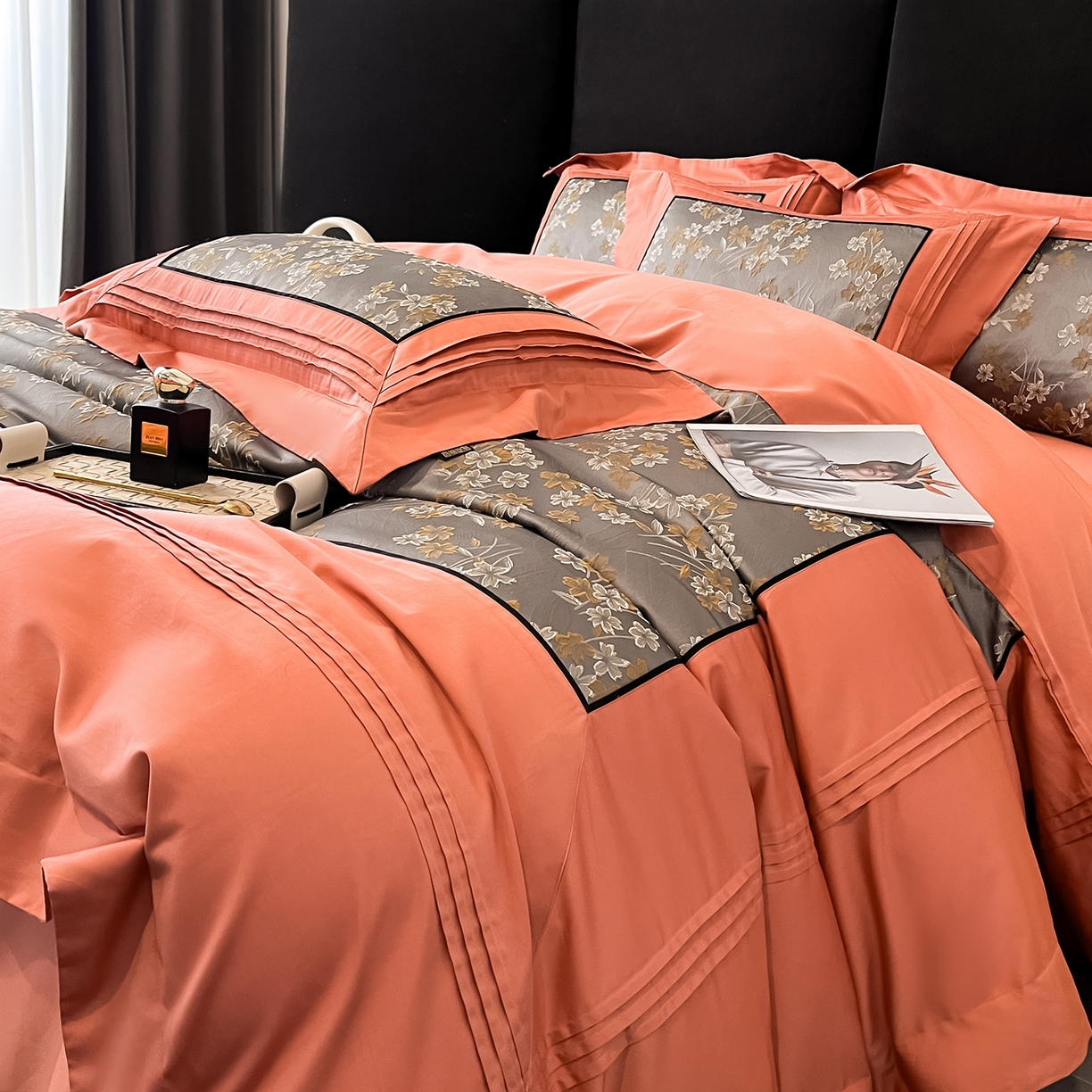 91家纺网 家纺一手货源 找家纺 置顶家纺 2025新款洛神系列亲肤提花拼角压框四件套 洛神-摩根橘