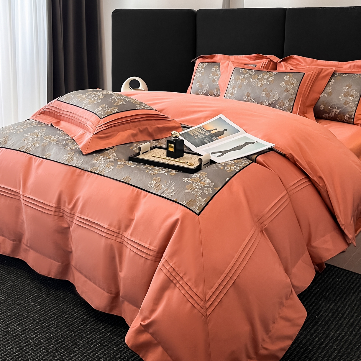 91家纺网 家纺一手货源 找家纺 置顶家纺 2025新款洛神系列亲肤提花拼角压框四件套 洛神-摩根橘