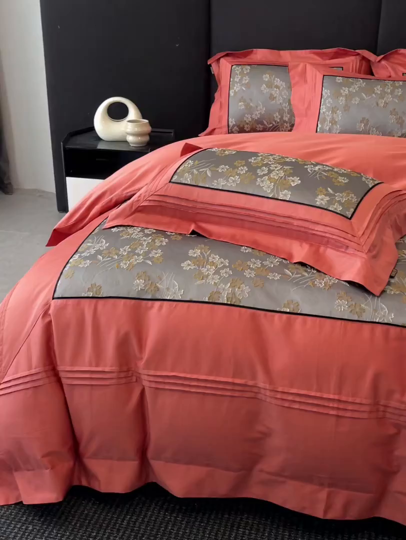 91家纺网 家纺一手货源 找家纺 置顶家纺 2025新款洛神系列亲肤提花拼角压框四件套 洛神-摩根橘