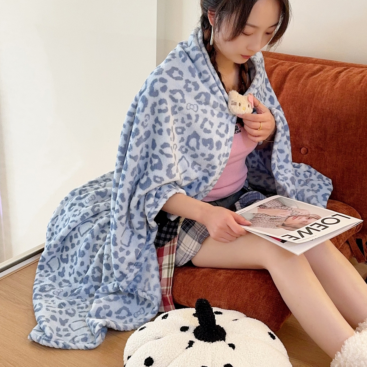 兜米家居 2026新款四季款豹纹披肩毯毛毯法兰绒毯子 豹纹蓝