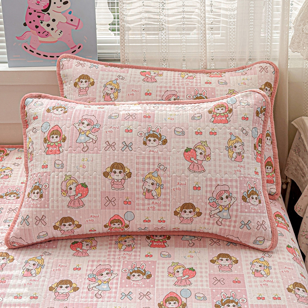 91家纺网 家纺一手货源 找家纺 恒尚居 2026新款A双层纱B牛奶绒床盖双面两用夹棉床单学生床垫床褥子系列二 棒棒糖女孩【A双层纱-B牛奶绒】