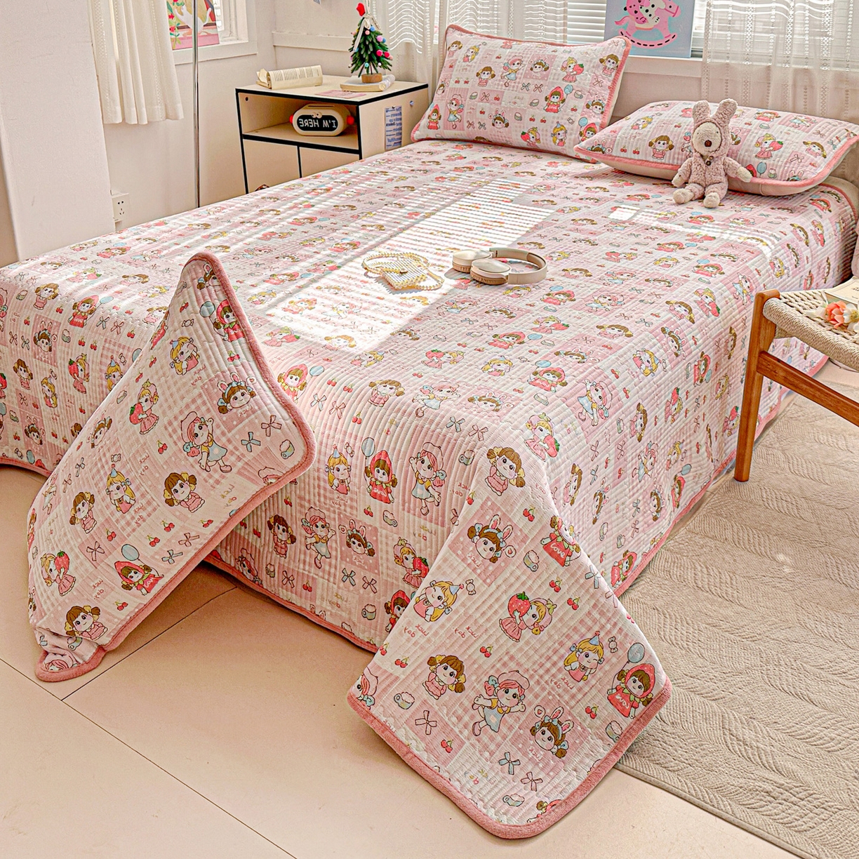 91家纺网 家纺一手货源 找家纺 恒尚居 2026新款A双层纱B牛奶绒床盖双面两用夹棉床单学生床垫床褥子系列二 棒棒糖女孩【A双层纱-B牛奶绒】