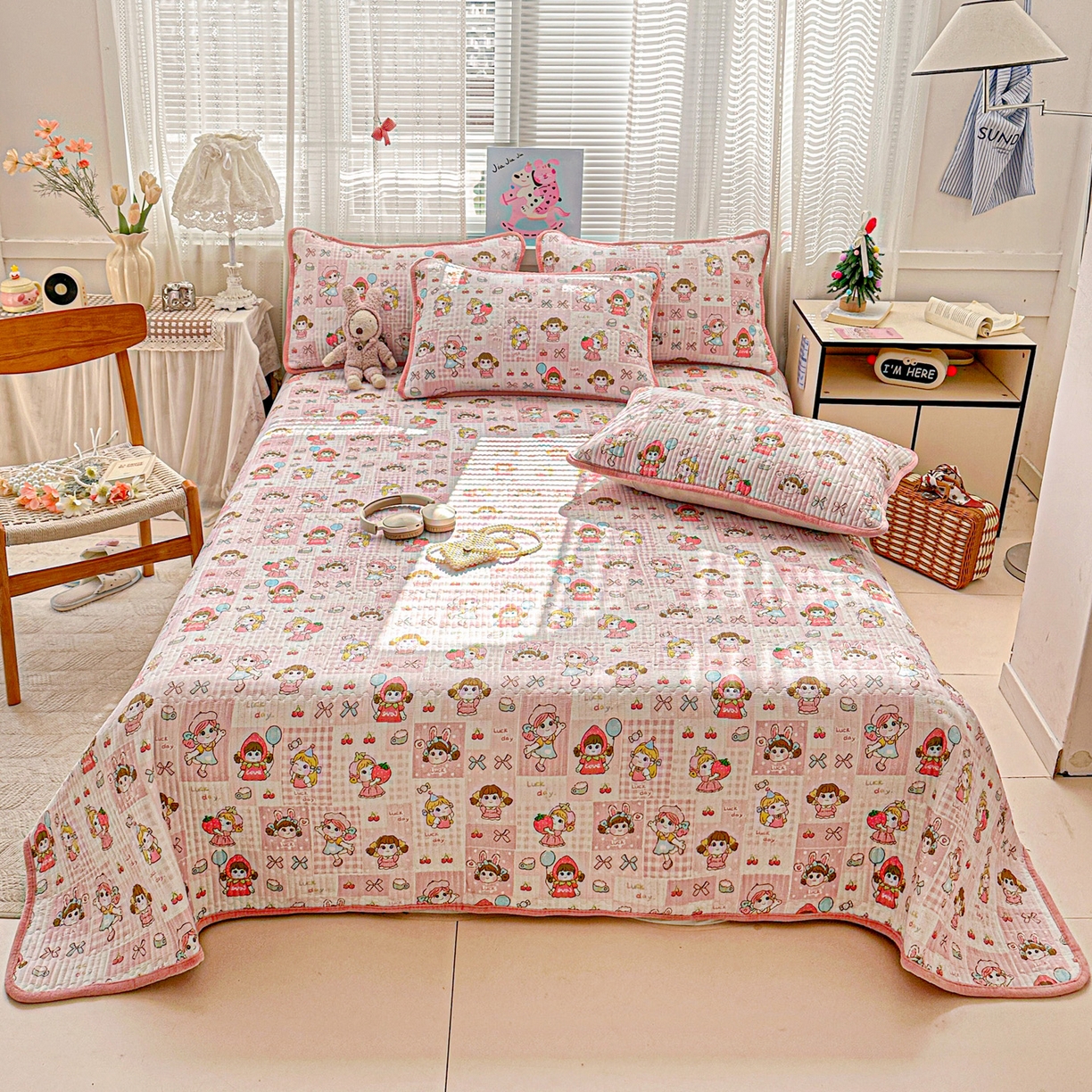 91家纺网 家纺一手货源 找家纺 恒尚居 2026新款A双层纱B牛奶绒床盖双面两用夹棉床单学生床垫床褥子系列二 棒棒糖女孩【A双层纱-B牛奶绒】