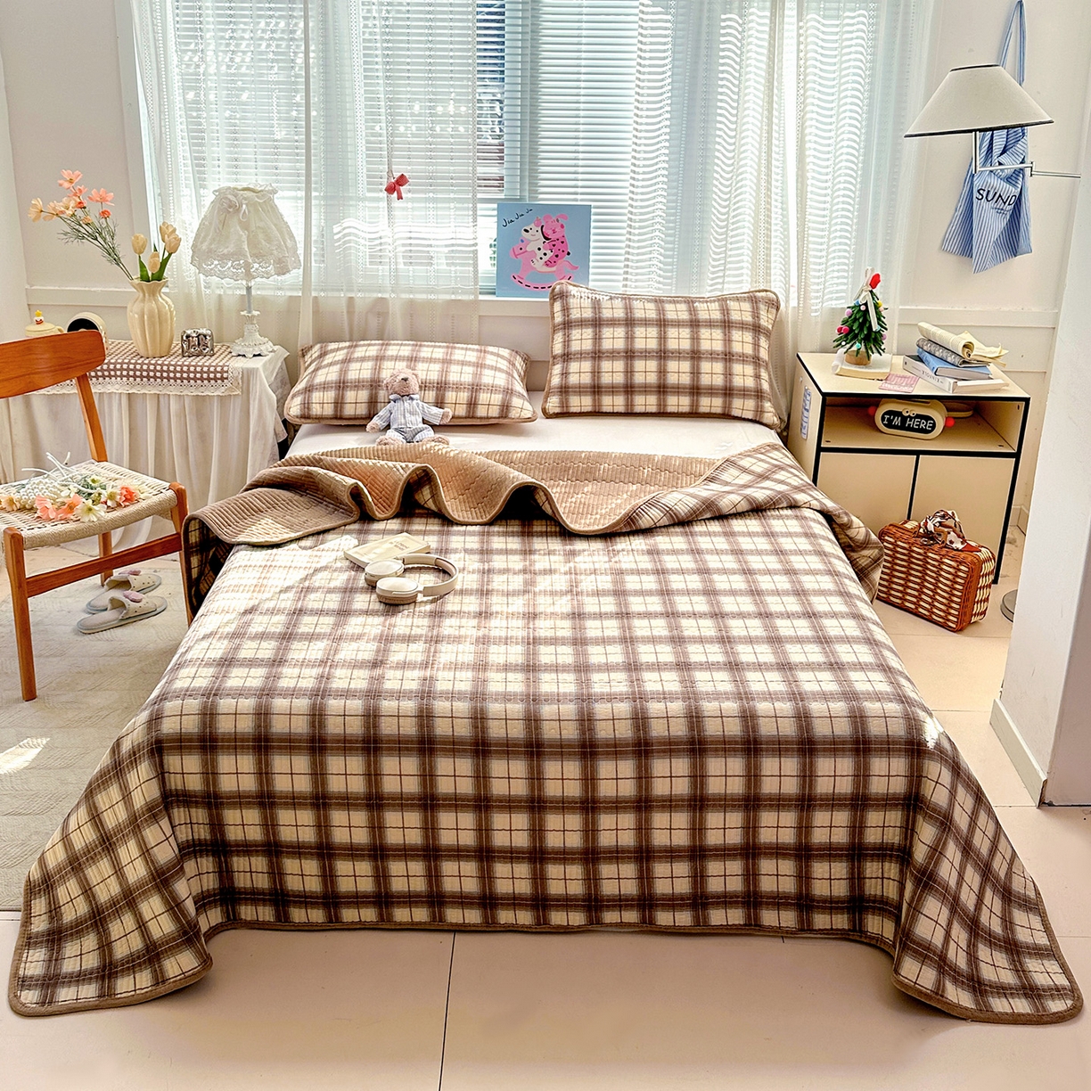 恒尚居 2026新款A双层纱B牛奶绒床盖双面两用夹棉床单学生床垫床褥子系列二 贝拉格-咖啡【A双层纱-B牛奶绒】