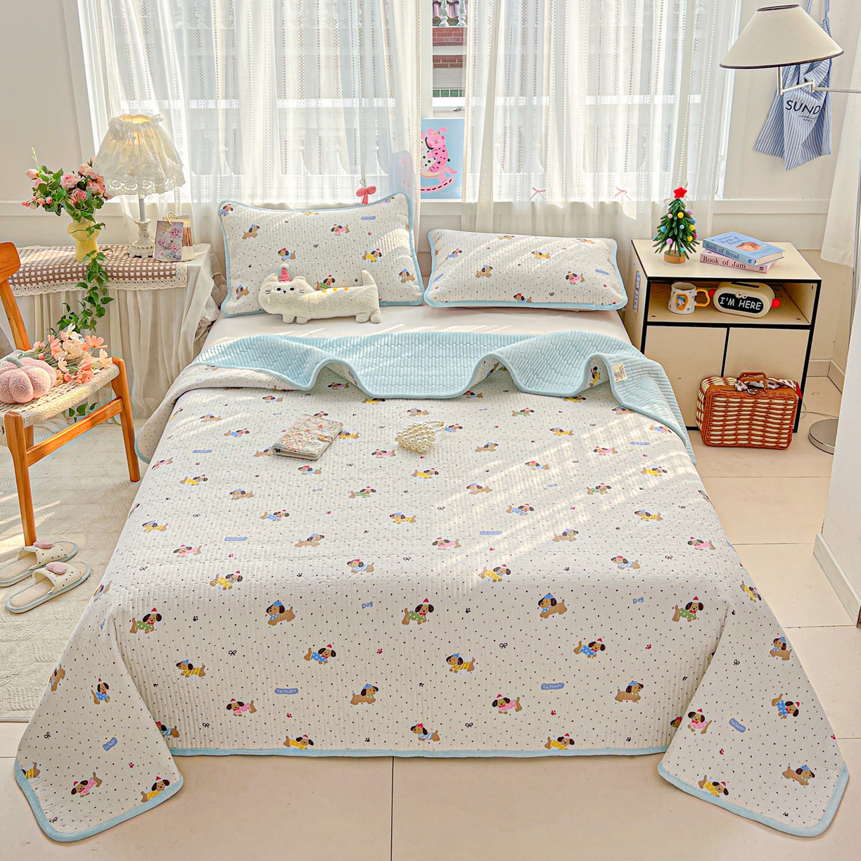 恒尚居 2026新款A双层纱B牛奶绒床盖双面两用夹棉床单学生床垫床褥子系列二 波点狗狗【A双层纱-B牛奶绒】