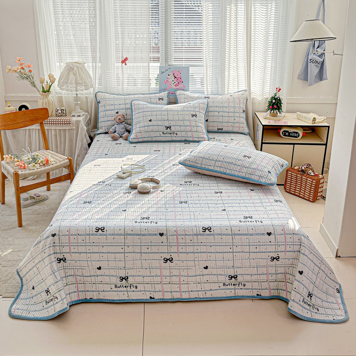 91家纺网 家纺一手货源 找家纺 恒尚居 2026新款A双层纱B牛奶绒床盖双面两用夹棉床单学生床垫床褥子系列二 蓝调【A双层纱-B牛奶绒】