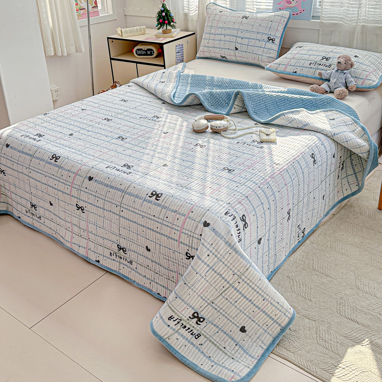 91家纺网 家纺一手货源 找家纺 恒尚居 2026新款A双层纱B牛奶绒床盖双面两用夹棉床单学生床垫床褥子系列二 蓝调【A双层纱-B牛奶绒】