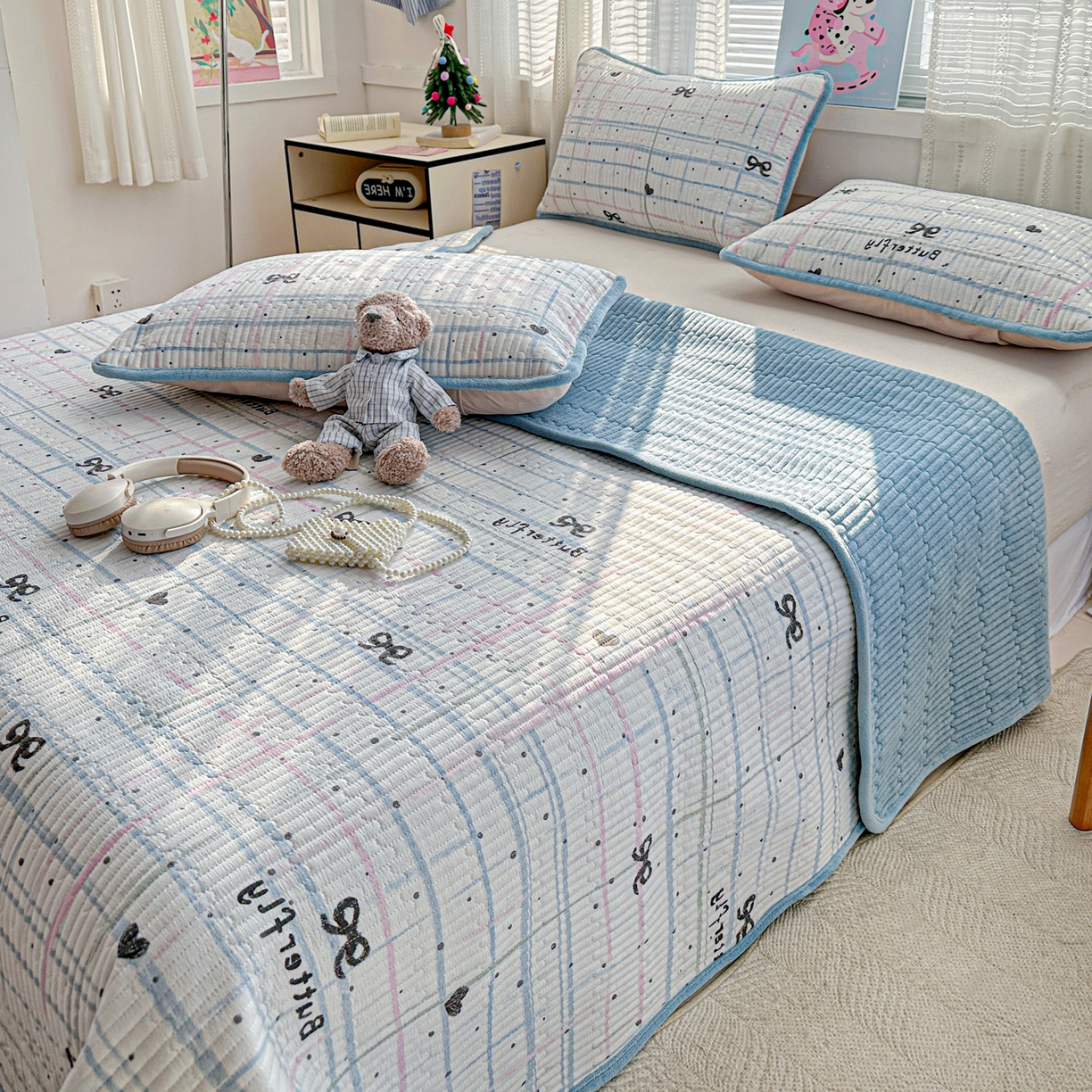 91家纺网 家纺一手货源 找家纺 恒尚居 2026新款A双层纱B牛奶绒床盖双面两用夹棉床单学生床垫床褥子系列二 蓝调【A双层纱-B牛奶绒】