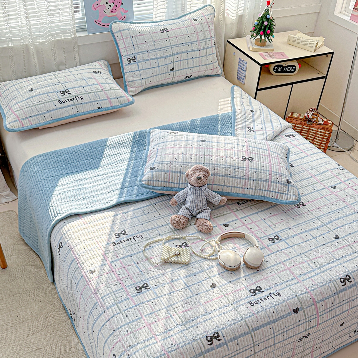 91家纺网 家纺一手货源 找家纺 恒尚居 2026新款A双层纱B牛奶绒床盖双面两用夹棉床单学生床垫床褥子系列二 蓝调【A双层纱-B牛奶绒】