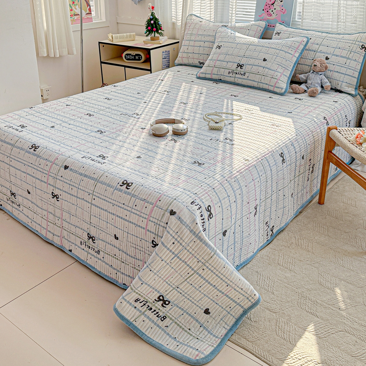 91家纺网 家纺一手货源 找家纺 恒尚居 2026新款A双层纱B牛奶绒床盖双面两用夹棉床单学生床垫床褥子系列二 蓝调【A双层纱-B牛奶绒】