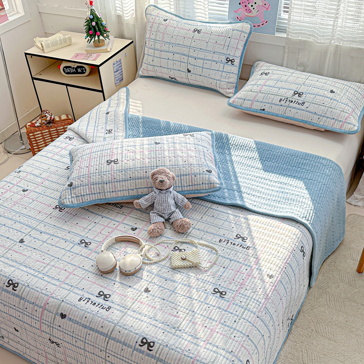 91家纺网 家纺一手货源 找家纺 恒尚居 2026新款A双层纱B牛奶绒床盖双面两用夹棉床单学生床垫床褥子系列二 蓝调【A双层纱-B牛奶绒】