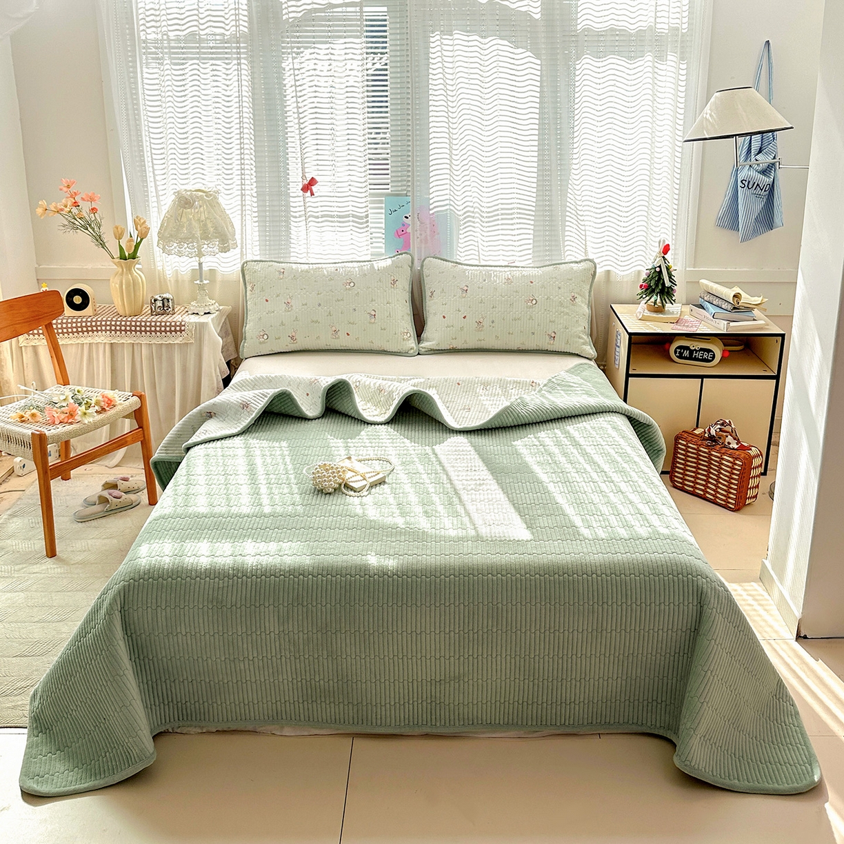 91家纺网 家纺一手货源 找家纺 恒尚居 2026新款A双层纱B牛奶绒床盖双面两用夹棉床单学生床垫床褥子系列二 兔子乐队【A双层纱-B牛奶绒】