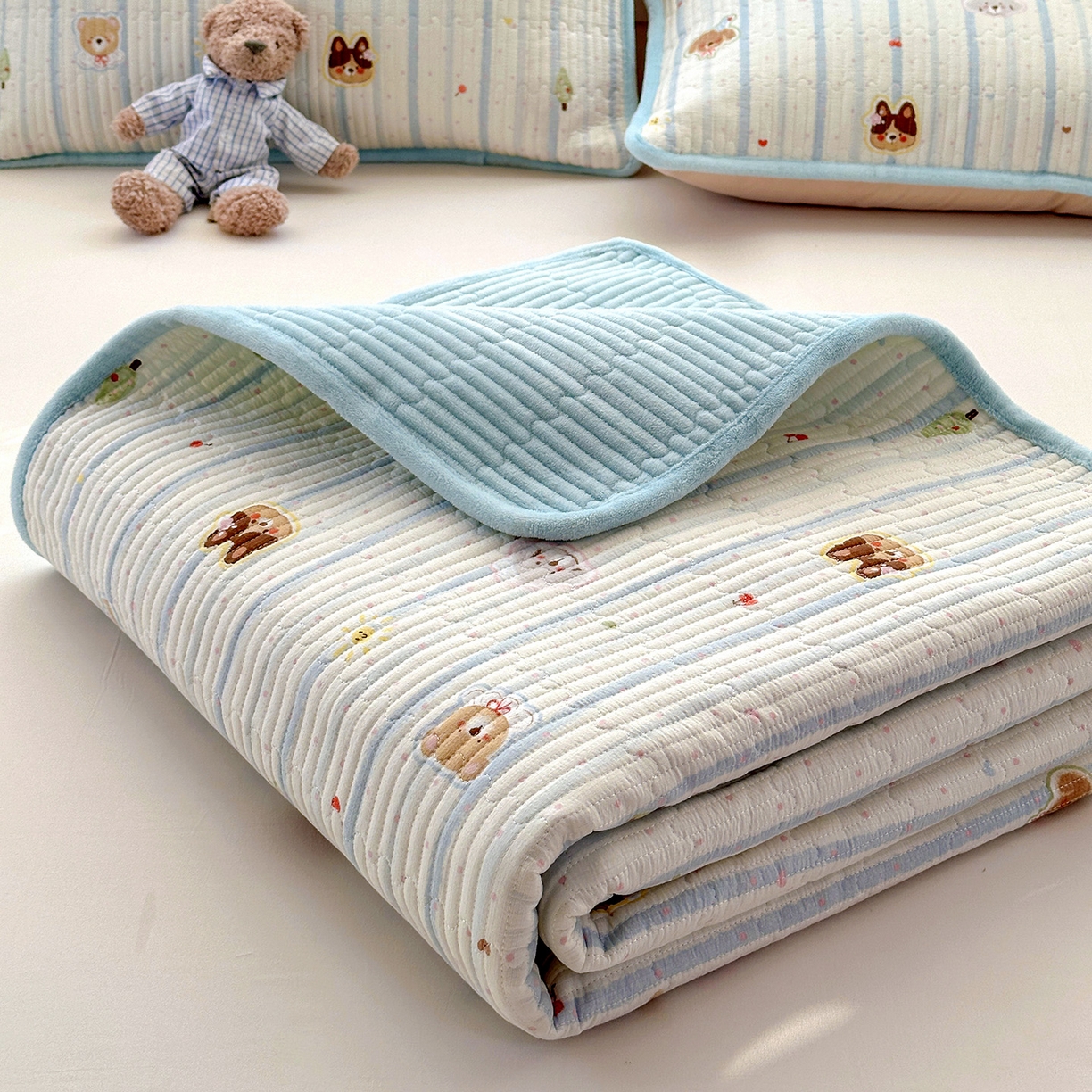 91家纺网 家纺一手货源 找家纺 恒尚居 2026新款A双层纱B牛奶绒床盖双面两用夹棉床单学生床垫床褥子系列二 汪汪队【A双层纱-B牛奶绒】