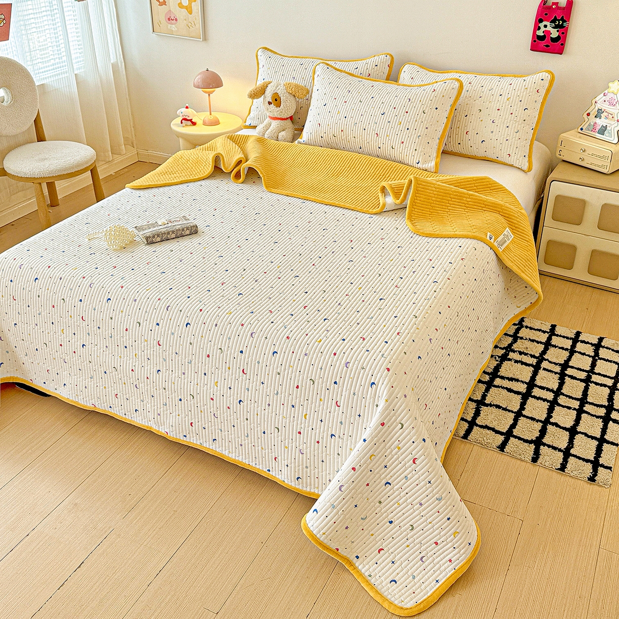 91家纺网 家纺一手货源 找家纺 恒尚居 2026新款A双层纱B牛奶绒床盖双面两用夹棉床单学生床垫床褥子系列二 星月【A双层纱-B牛奶绒】